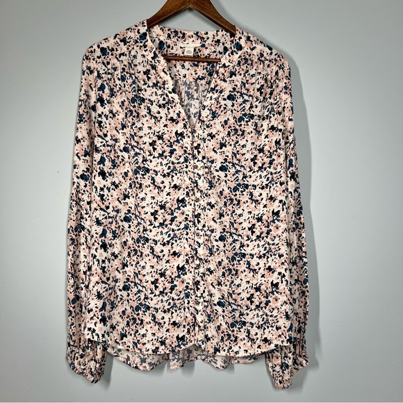 Caslon Button Down Print Decorative Sleeve Top Womens L Office 11325 - Picture 1 of 8